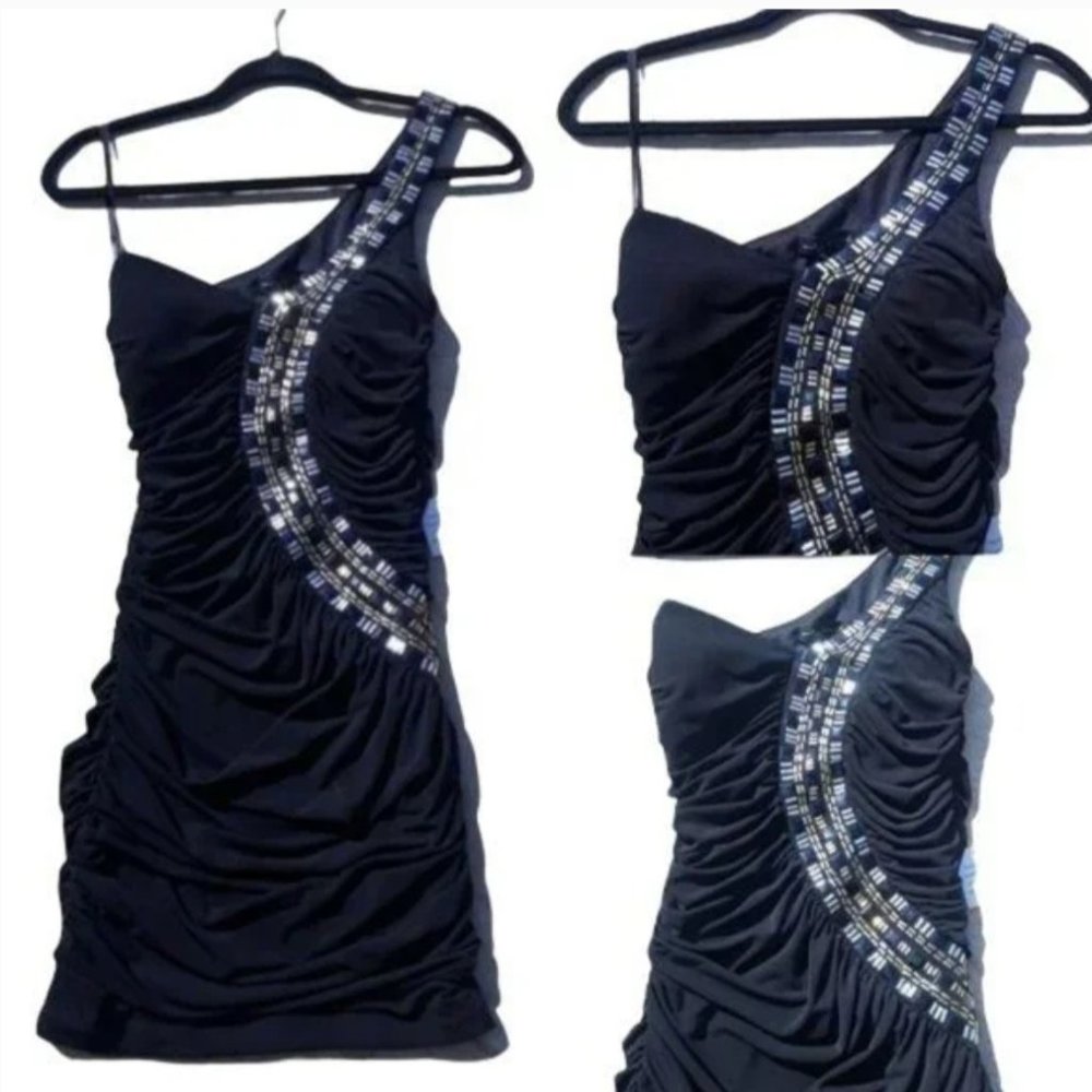 Vtg 90's City Triangles Formal Ruched One Shoulder Beaded Bodycon Black Sz S